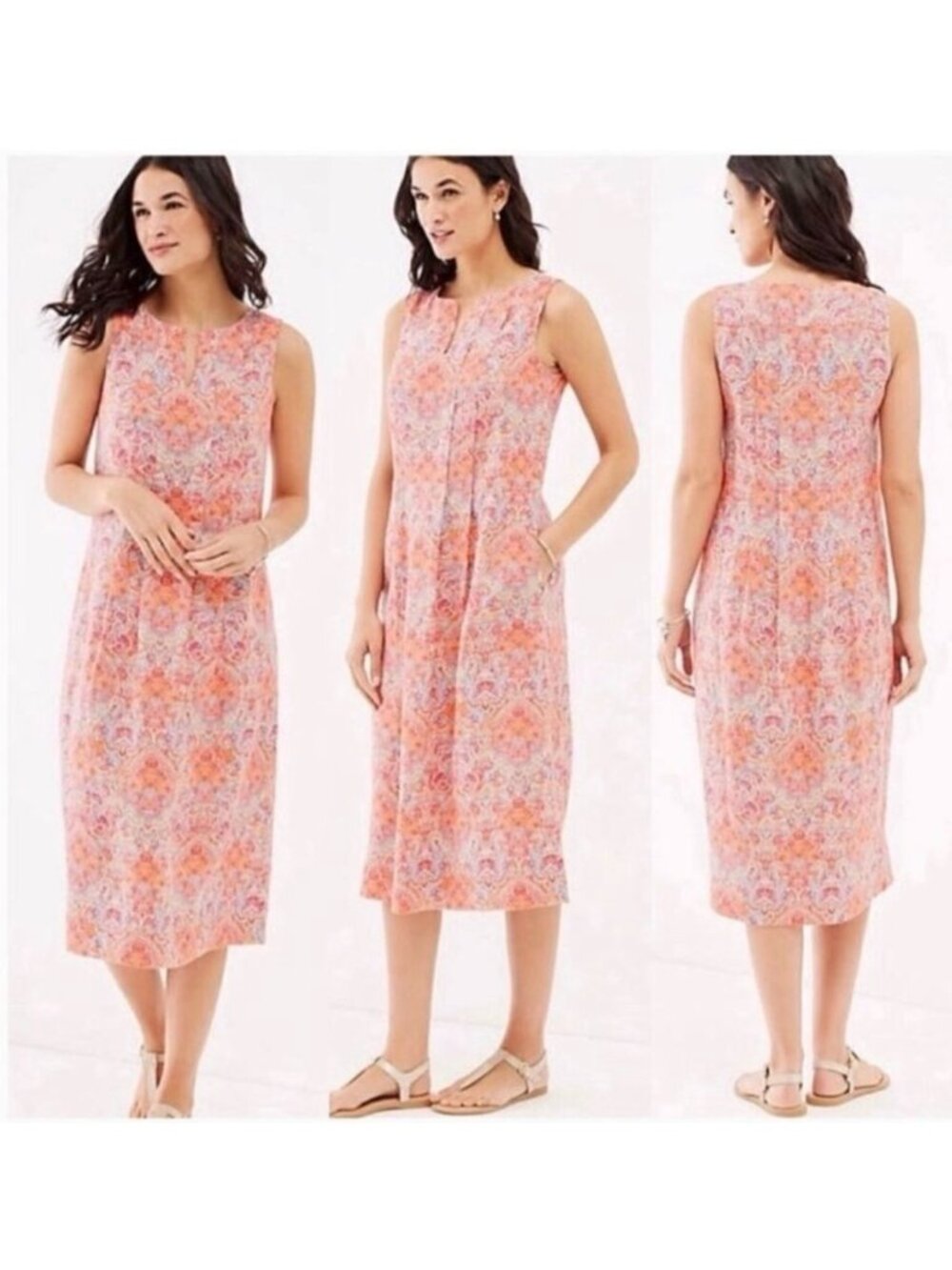 J. J Jill L Love 100% Linen Midi Dress Sleeveless Orange Paisley Pockets Pleated
